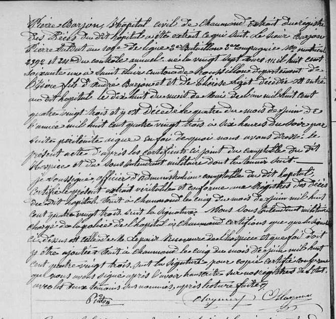 transcription du décès du soldat Pierre Barjon à Chaumond 1883