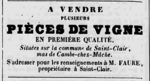 Annonce de vente de vigne à Saint Clair (1841)